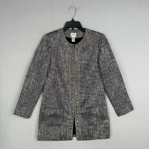 Chicos Jacket Women 0 Metallic Jewel Embellished Tweed Long Blazer Career Cruise - Picture 1 of 13